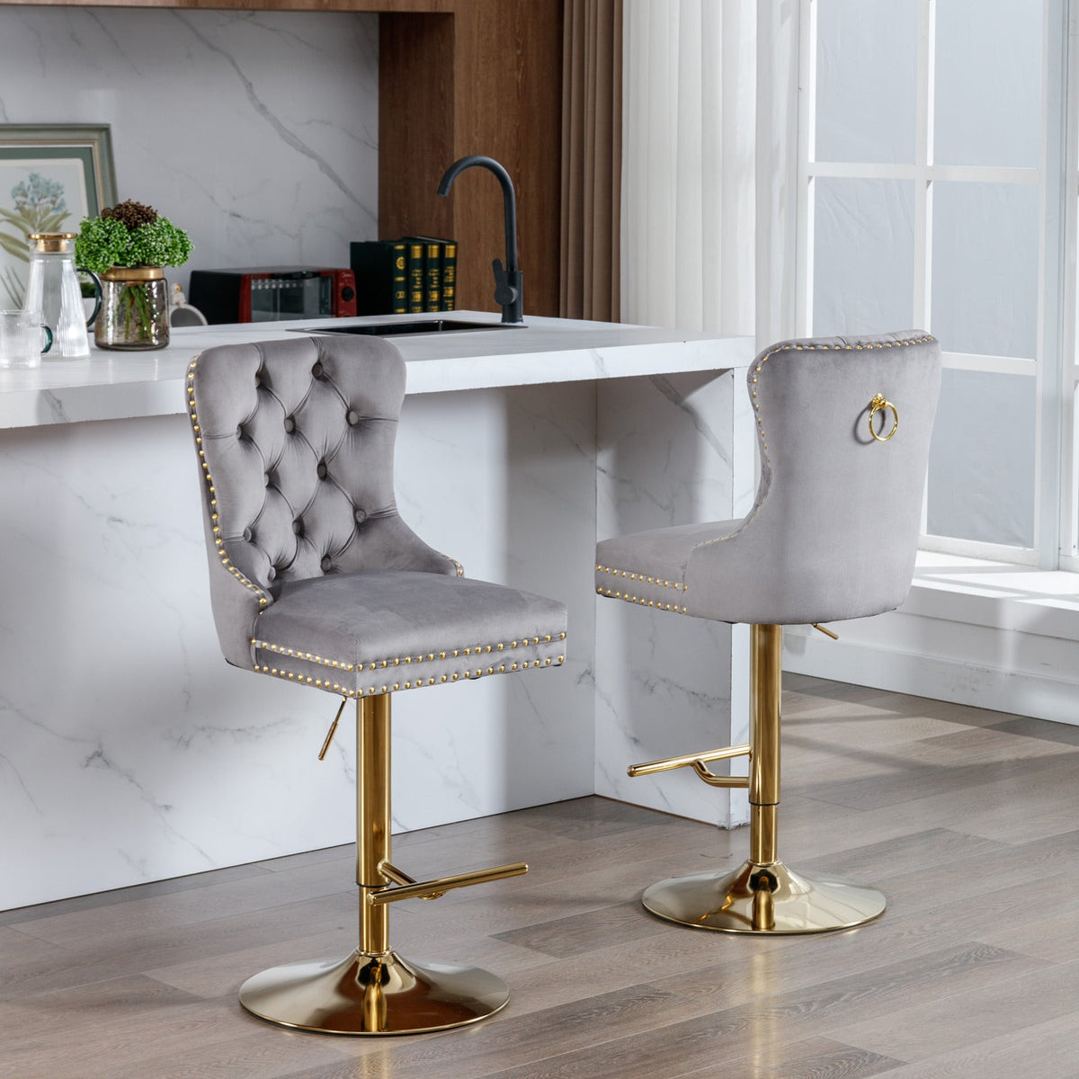 Gold Velvet Bar Stool with Swivel, 25-33 in Height