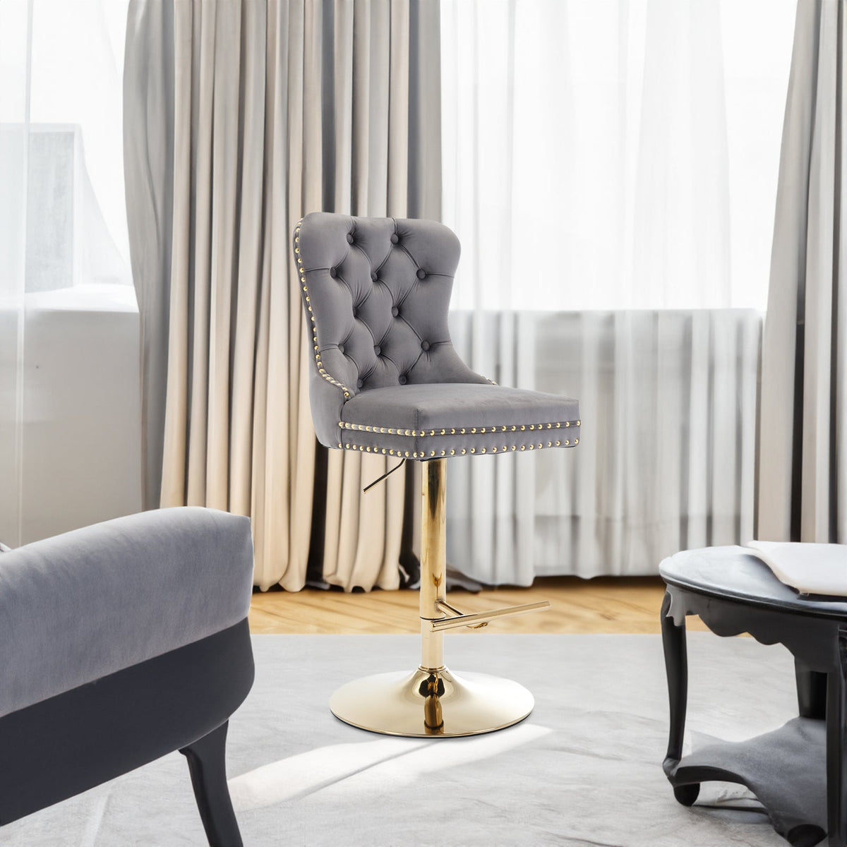 Gold Velvet Bar Stool with Swivel, 25-33 in Height