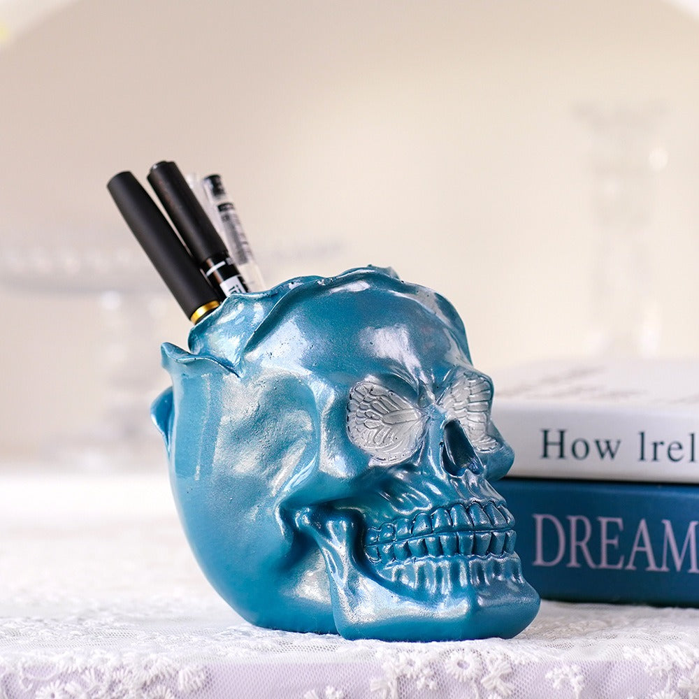 3D Rose Skull Storage Tube Ornament for Gothic Decor