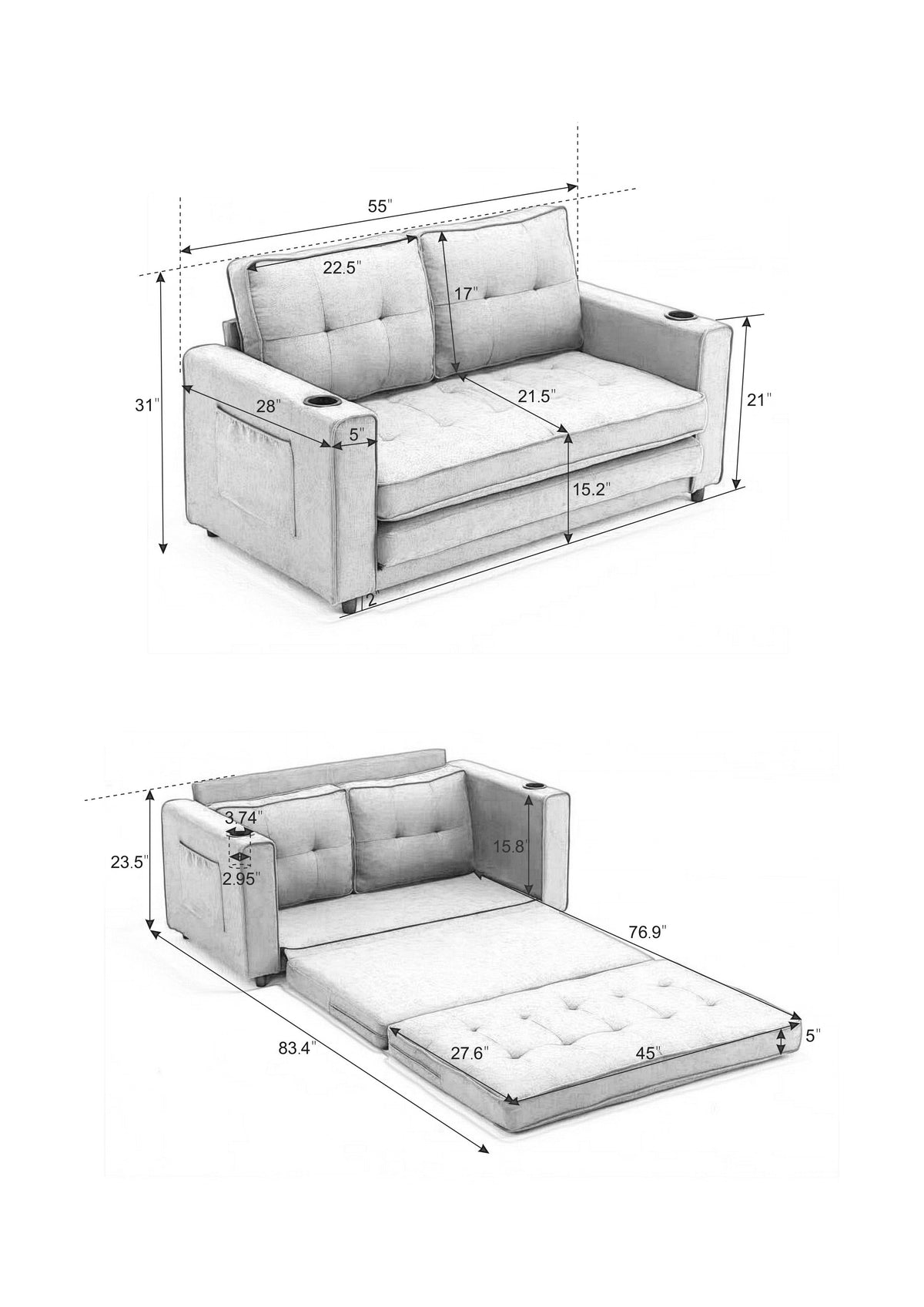 3-in-1 Sofa Bed for Small Spaces: Loveseat to Guest Bed