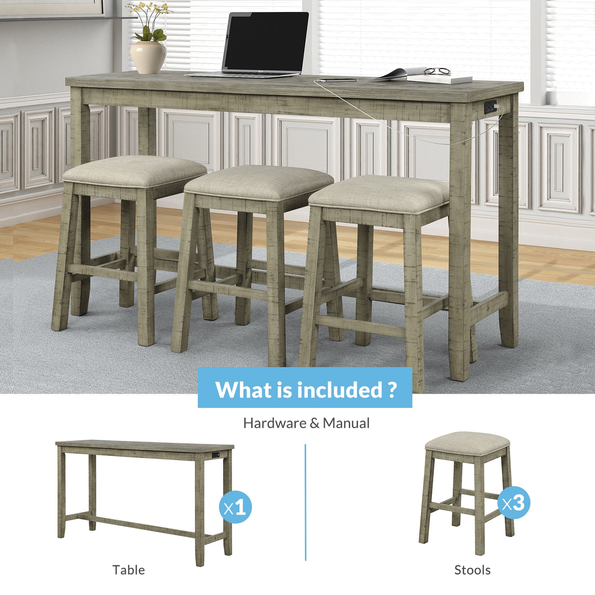 Counter Height Table Set with Power Outlet, Rustic Gray