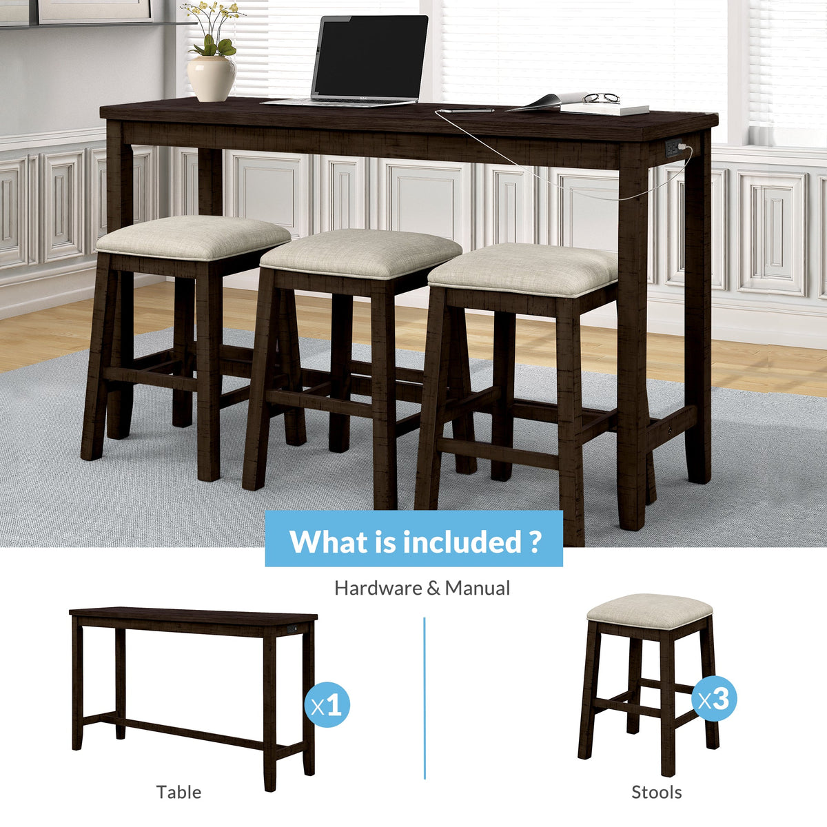 Counter Height Dining Set with Built-In Charging Outlets