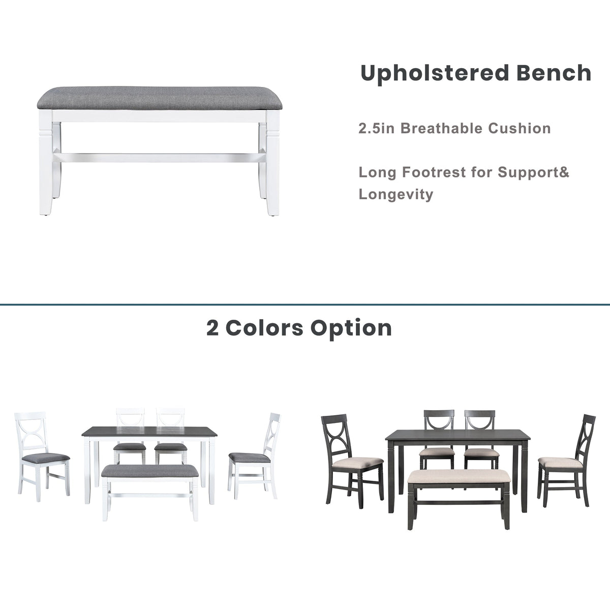 Farmhouse 6-Piece Dining Table Set with Bench and 4 Chairs