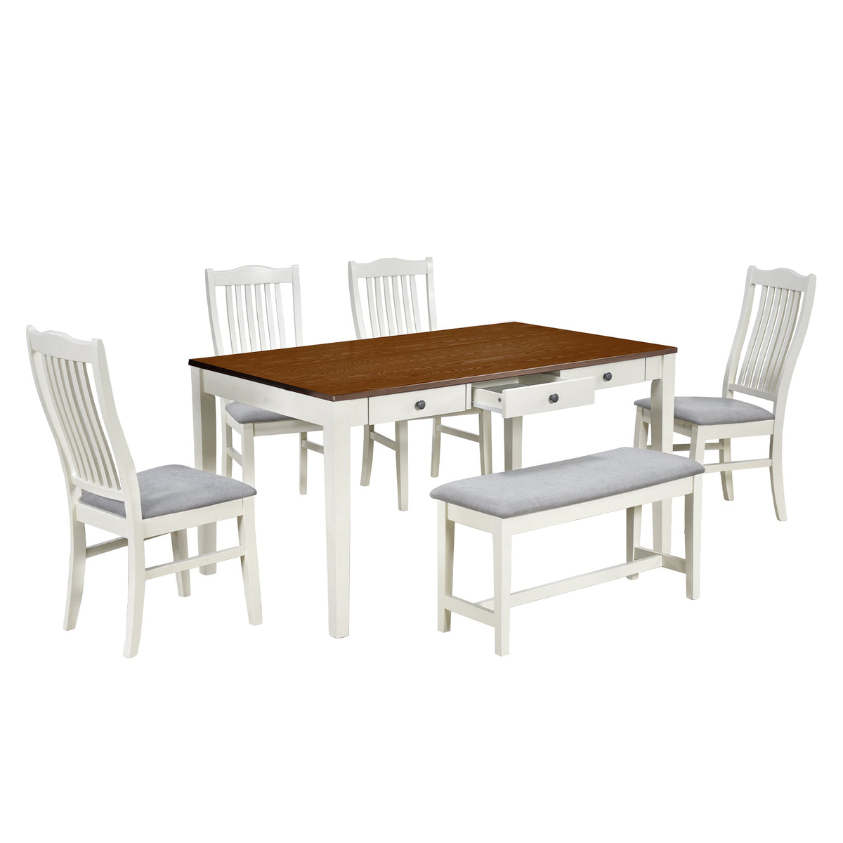 Mid-Century 6-Piece Dining Table Set with Drawers & Seating