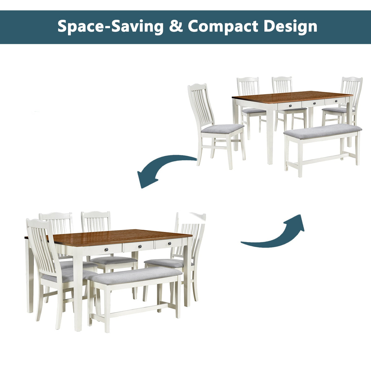 Mid-Century 6-Piece Dining Table Set with Drawers & Seating