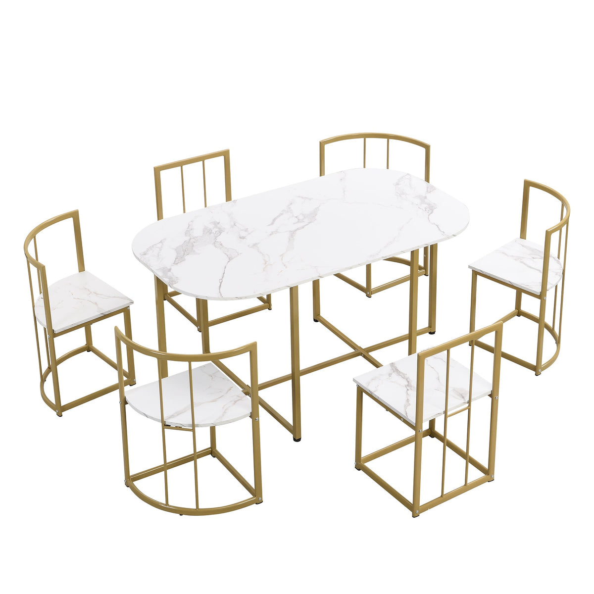 Faux Marble 7-Piece Dining Set for 6 with Gold Frame