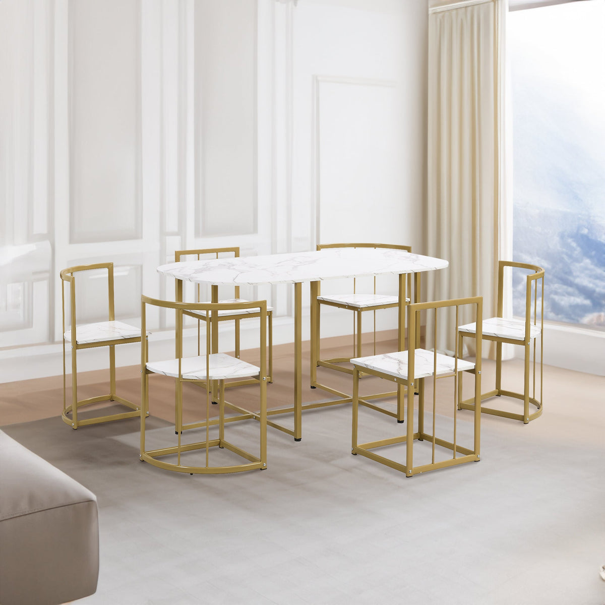 Faux Marble 7-Piece Dining Set for 6 with Gold Frame