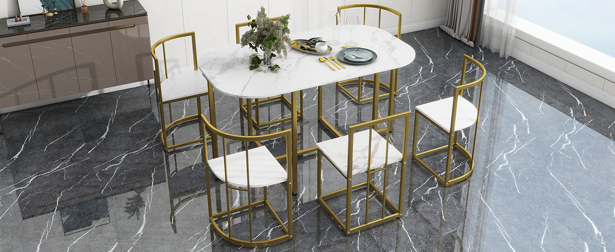 Faux Marble 7-Piece Dining Set for 6 with Gold Frame