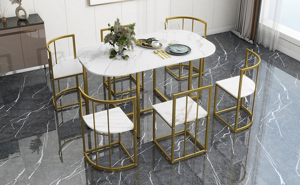 Faux Marble 7-Piece Dining Set for 6 with Gold Frame