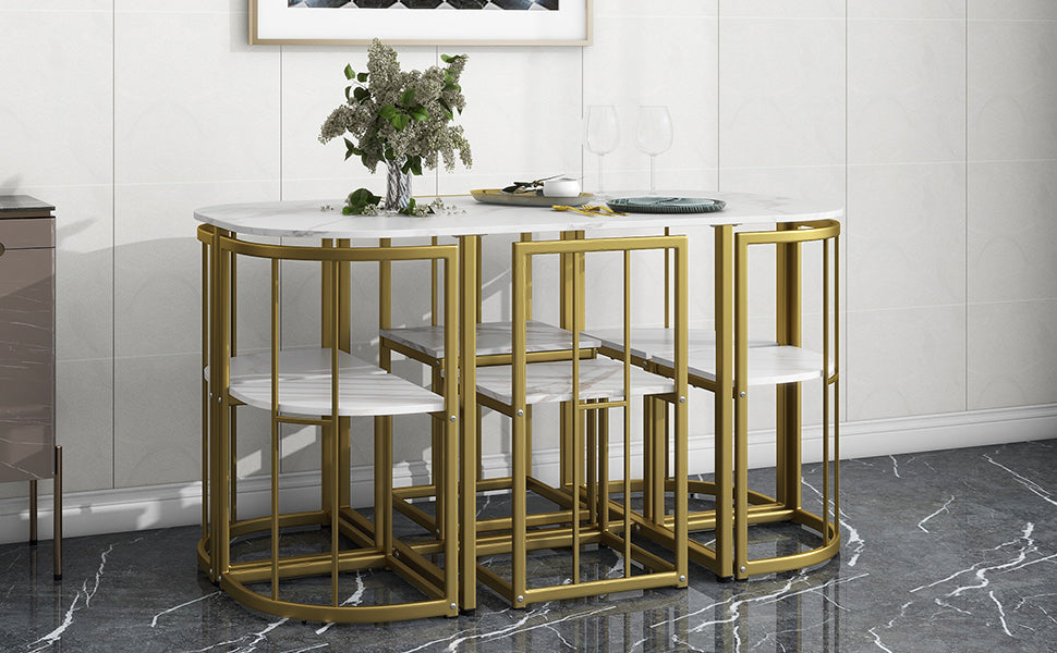 Faux Marble 7-Piece Dining Set for 6 with Gold Frame