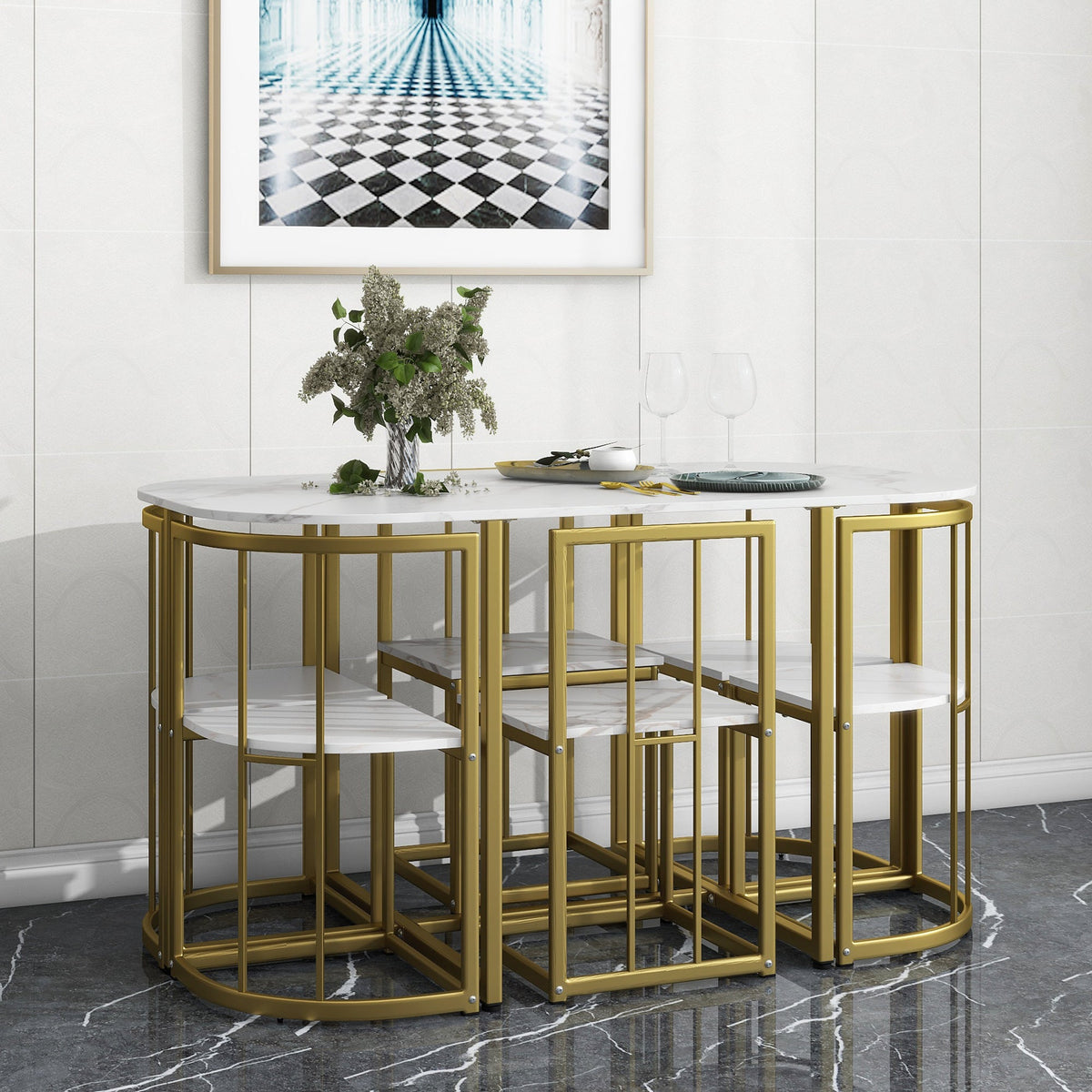 Faux Marble 7-Piece Dining Set for 6 with Gold Frame