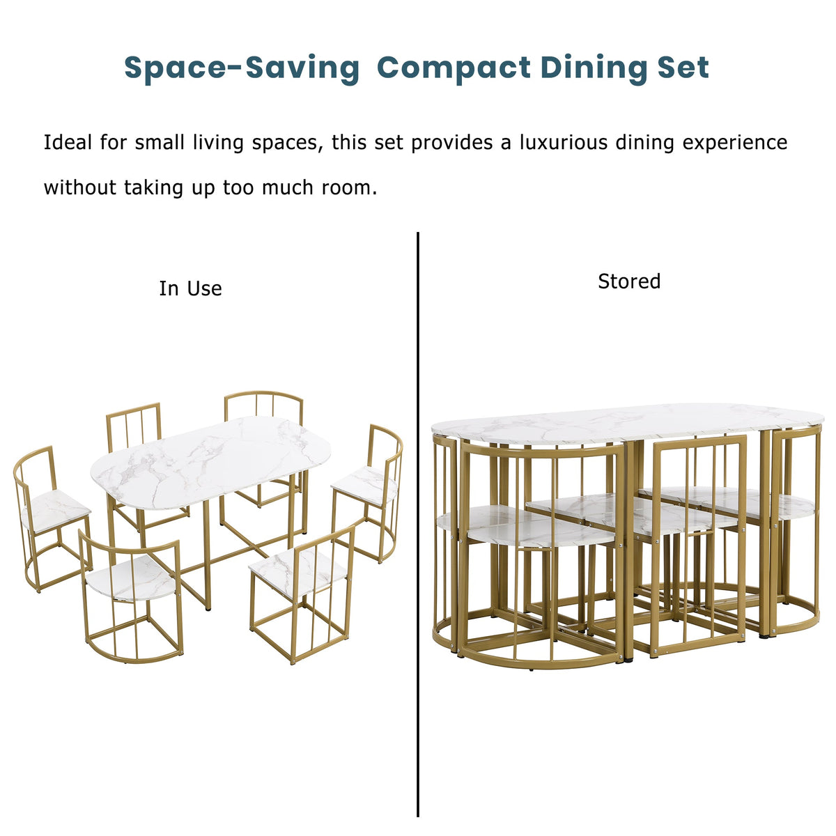 Faux Marble 7-Piece Dining Set for 6 with Gold Frame