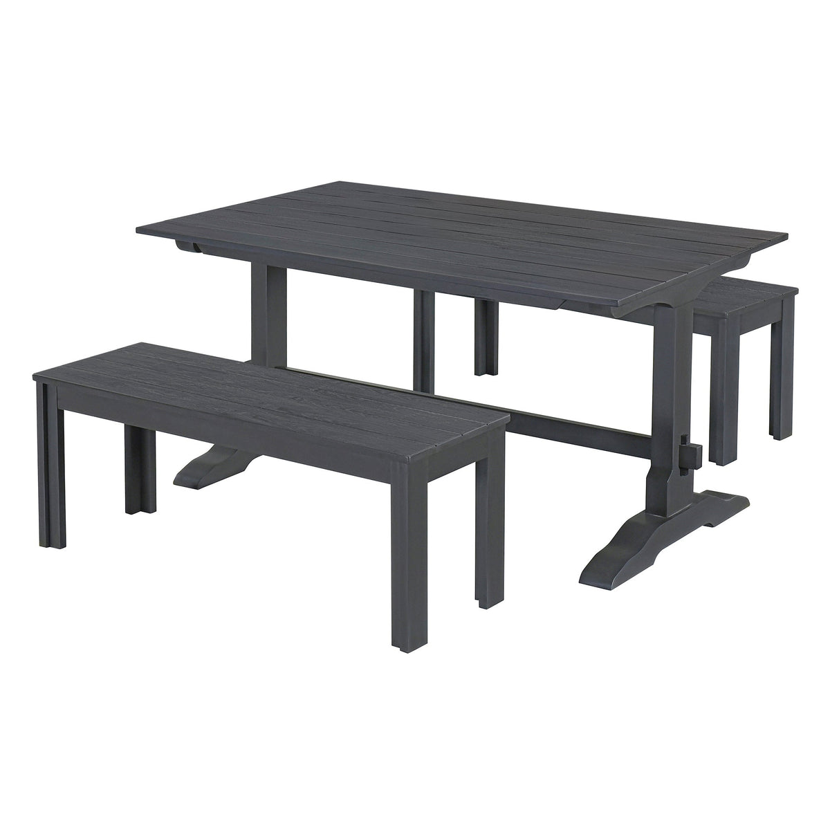 Gray Wood Dining Table Set with 2 Benches for 4 People