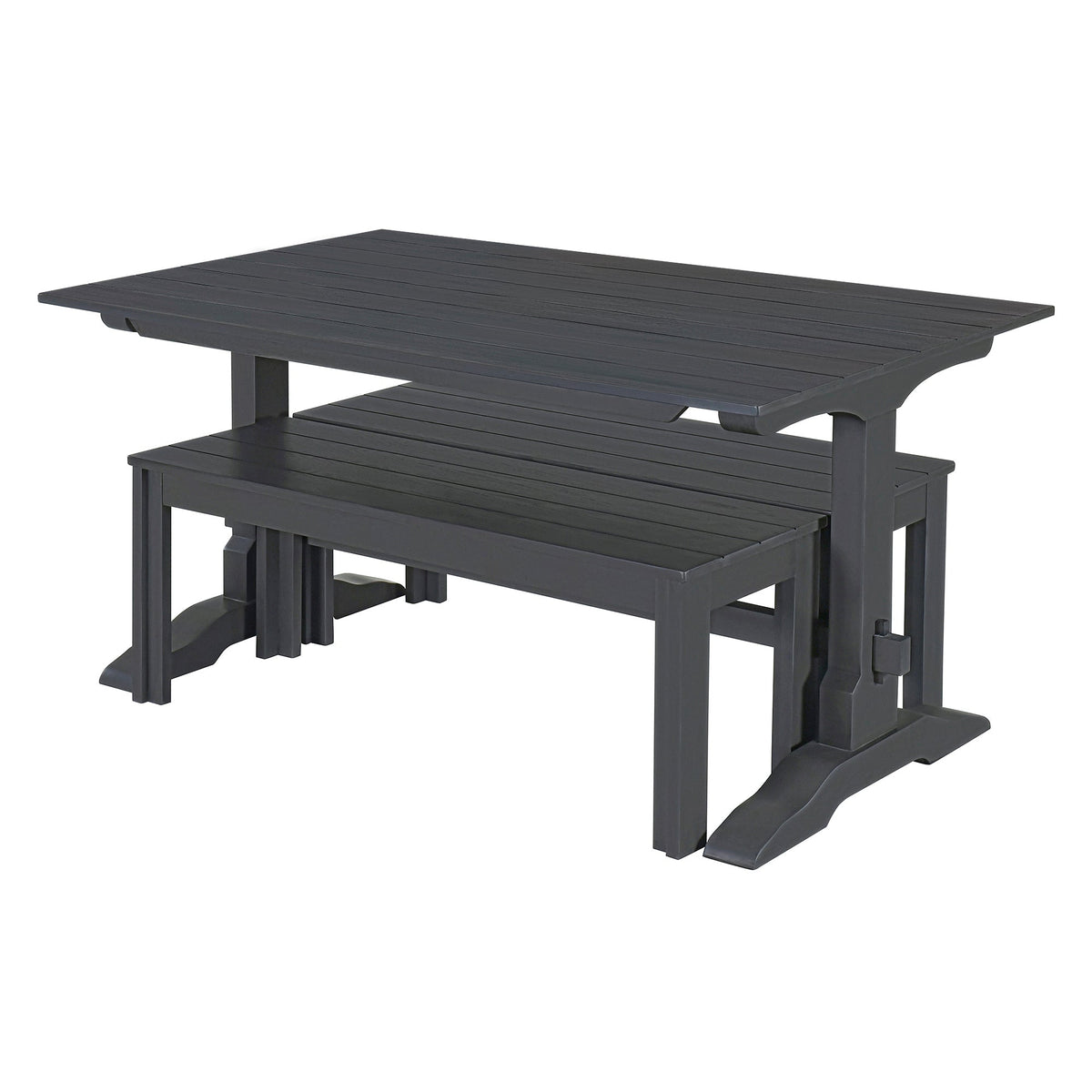 Gray Wood Dining Table Set with 2 Benches for 4 People