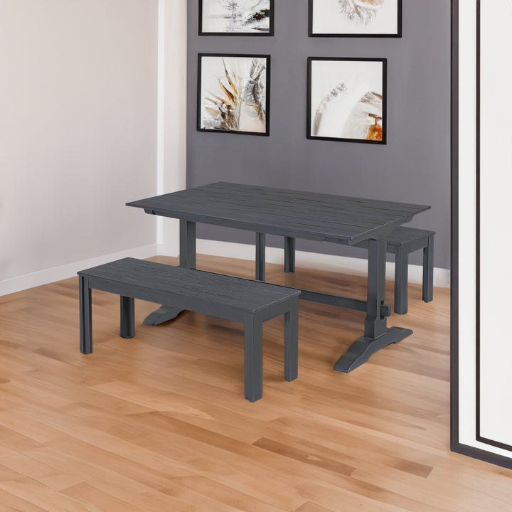 Gray Wood Dining Table Set with 2 Benches for 4 People