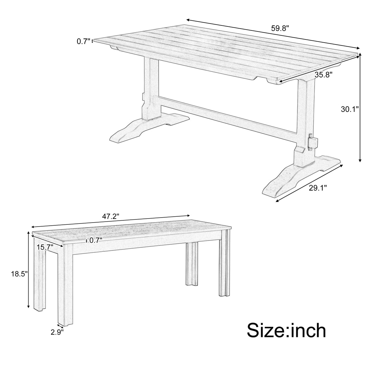 Gray Wood Dining Table Set with 2 Benches for 4 People