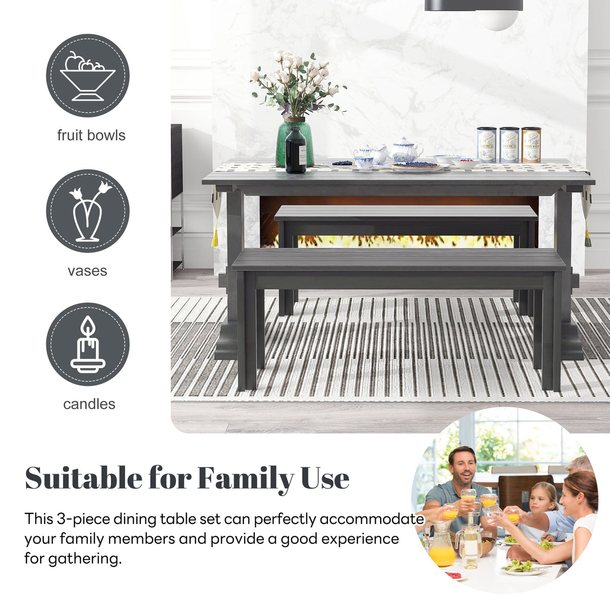 Gray Wood Dining Table Set with 2 Benches for 4 People