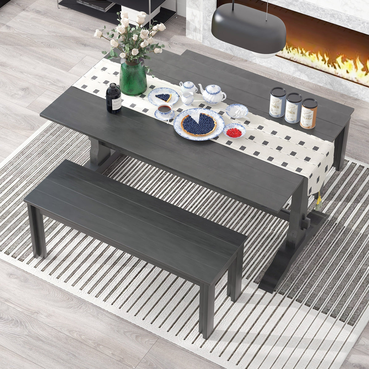 Gray Wood Dining Table Set with 2 Benches for 4 People