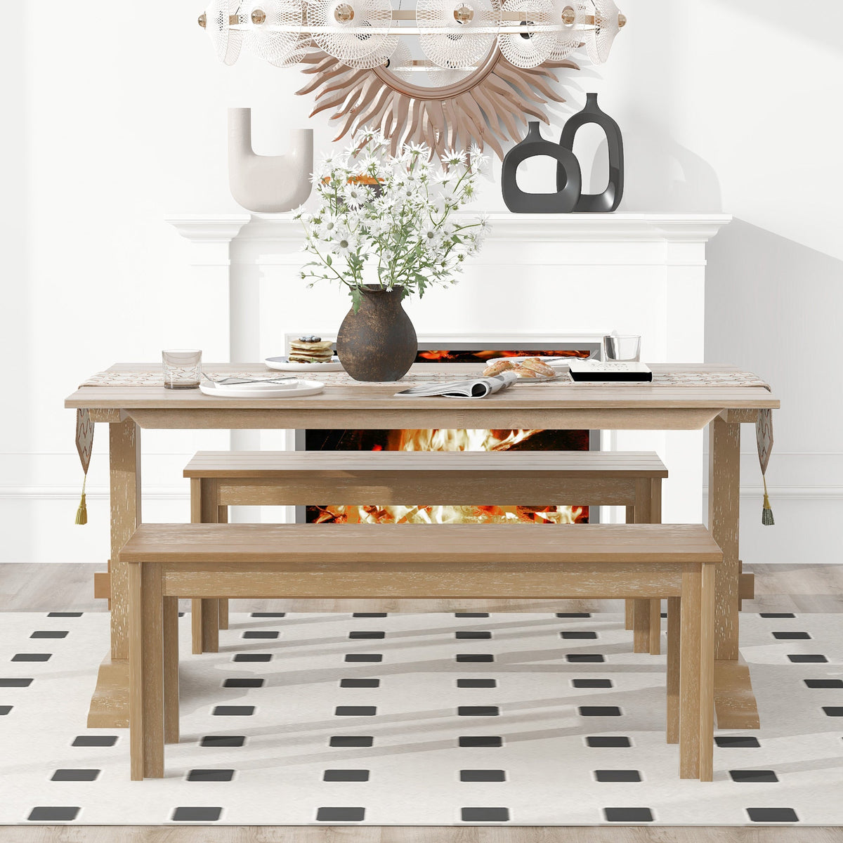 Retro Wood 3-Piece Dining Set for Four Guests