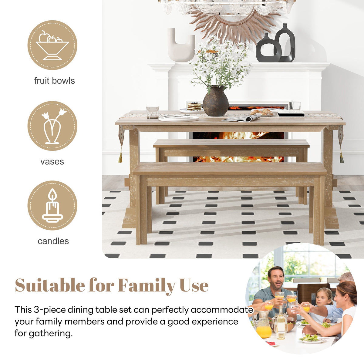 Retro Wood 3-Piece Dining Set for Four Guests