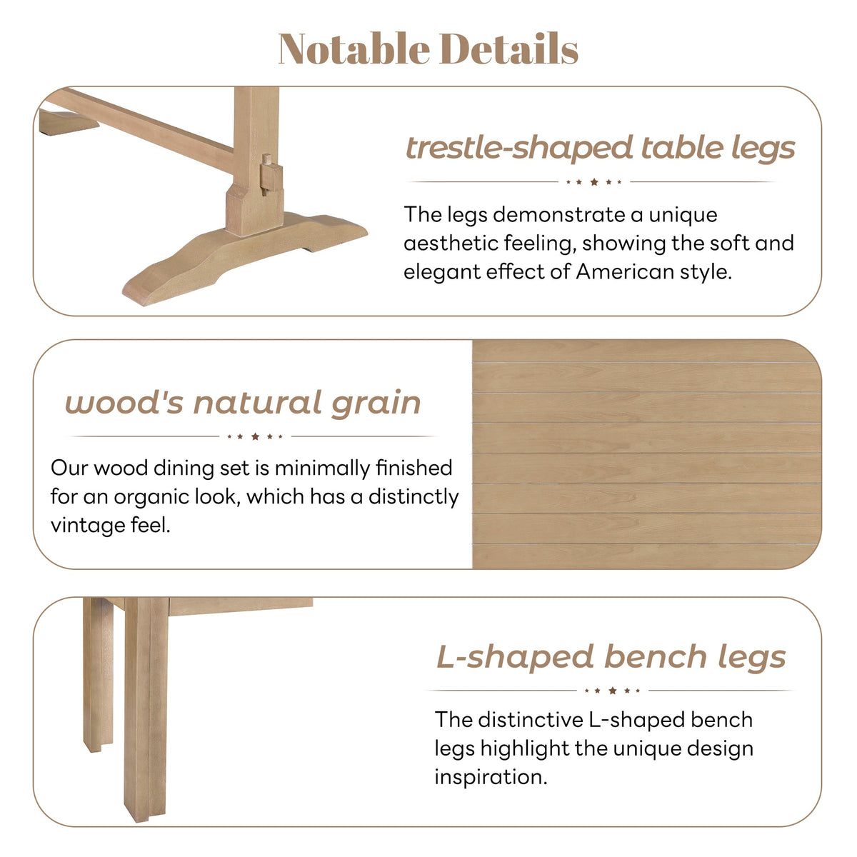 Retro Wood 3-Piece Dining Set for Four Guests