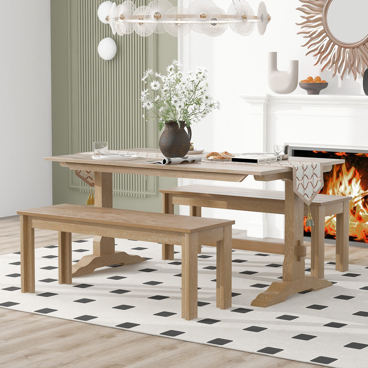 Retro Wood 3-Piece Dining Set for Four Guests
