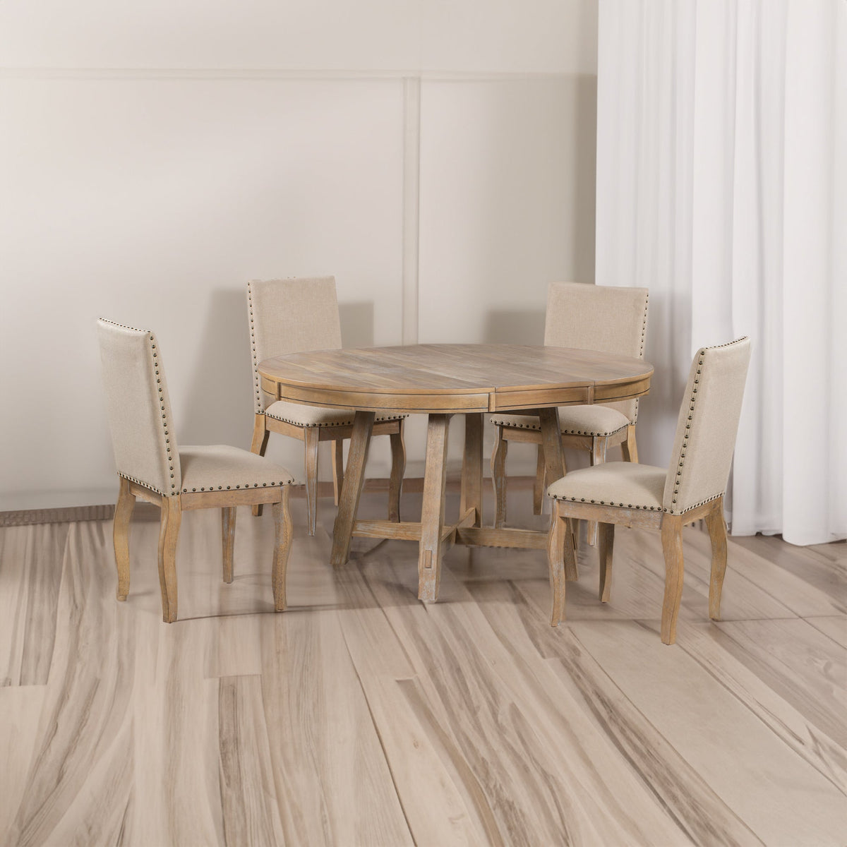 Round Extendable Farmhouse Dining Set with 4 Chairs