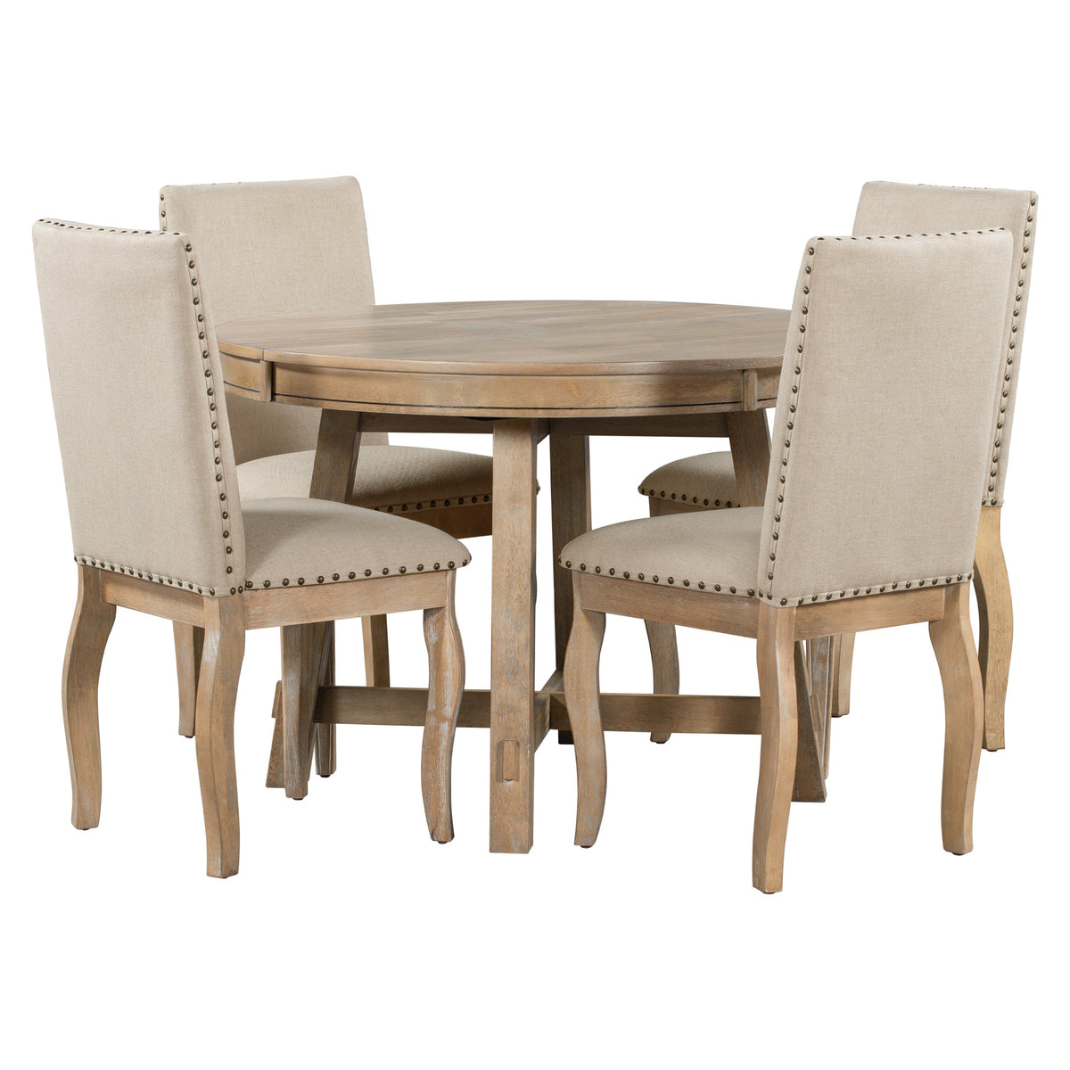 Round Extendable Farmhouse Dining Set with 4 Chairs