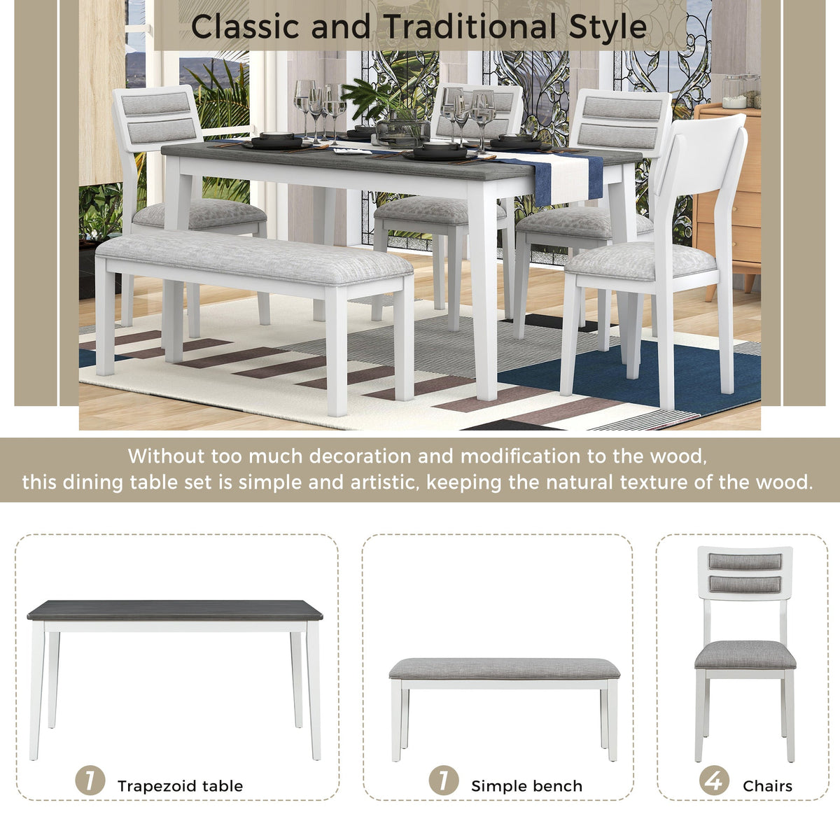 Dining Table Set with Bench, 6-Piece White and Gray