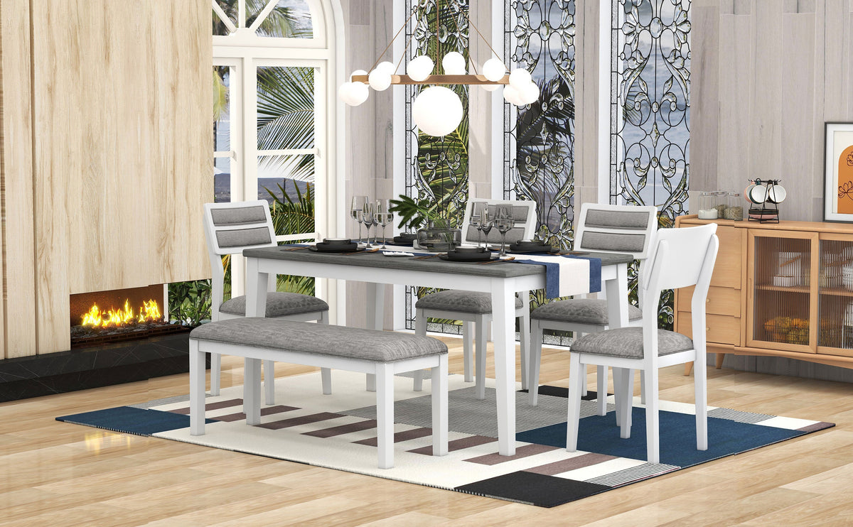Dining Table Set with Bench, 6-Piece White and Gray