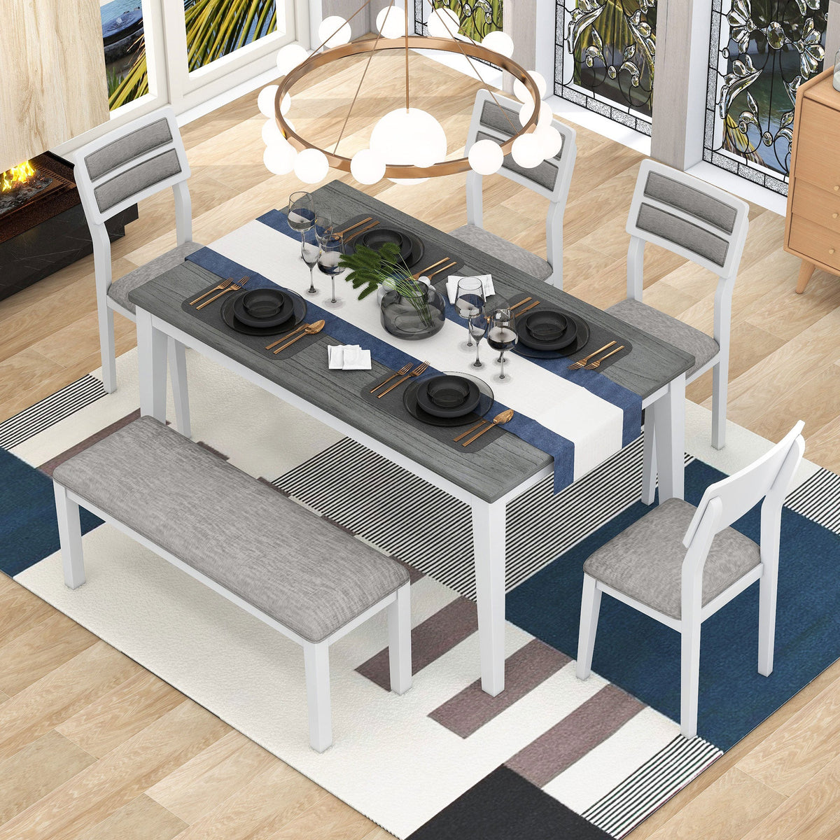 Dining Table Set with Bench, 6-Piece White and Gray
