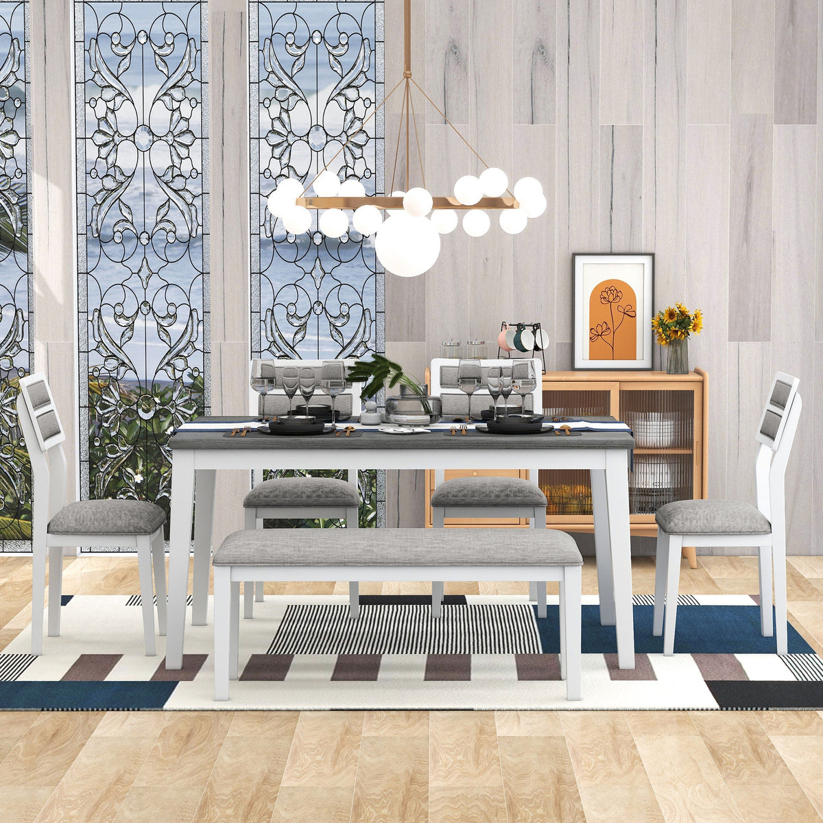 Dining Table Set with Bench, 6-Piece White and Gray