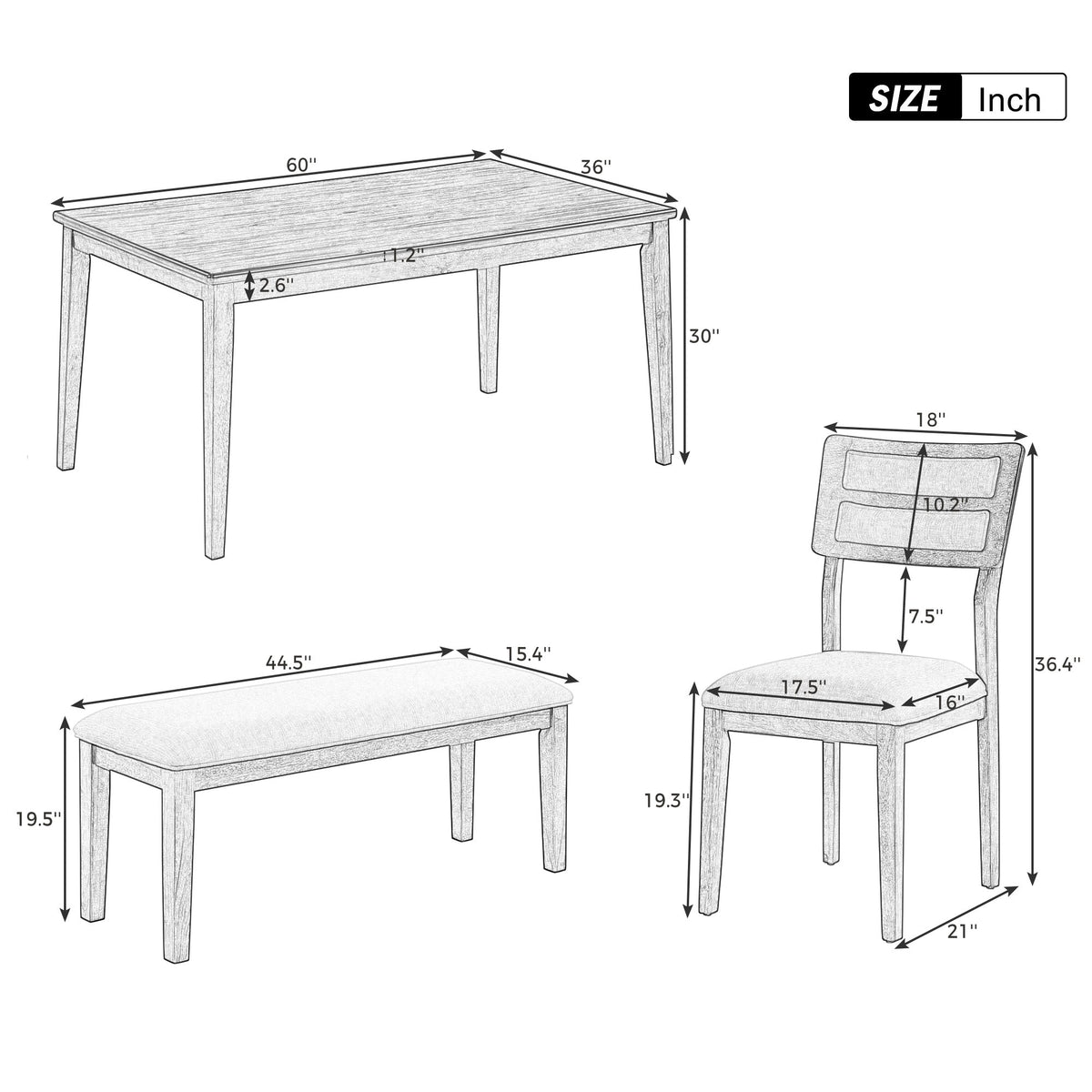 Dining Table Set with Bench, 6-Piece White and Gray