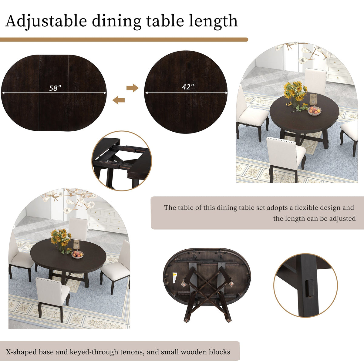 Round Extendable Farmhouse Dining Table, 42-58 Inch