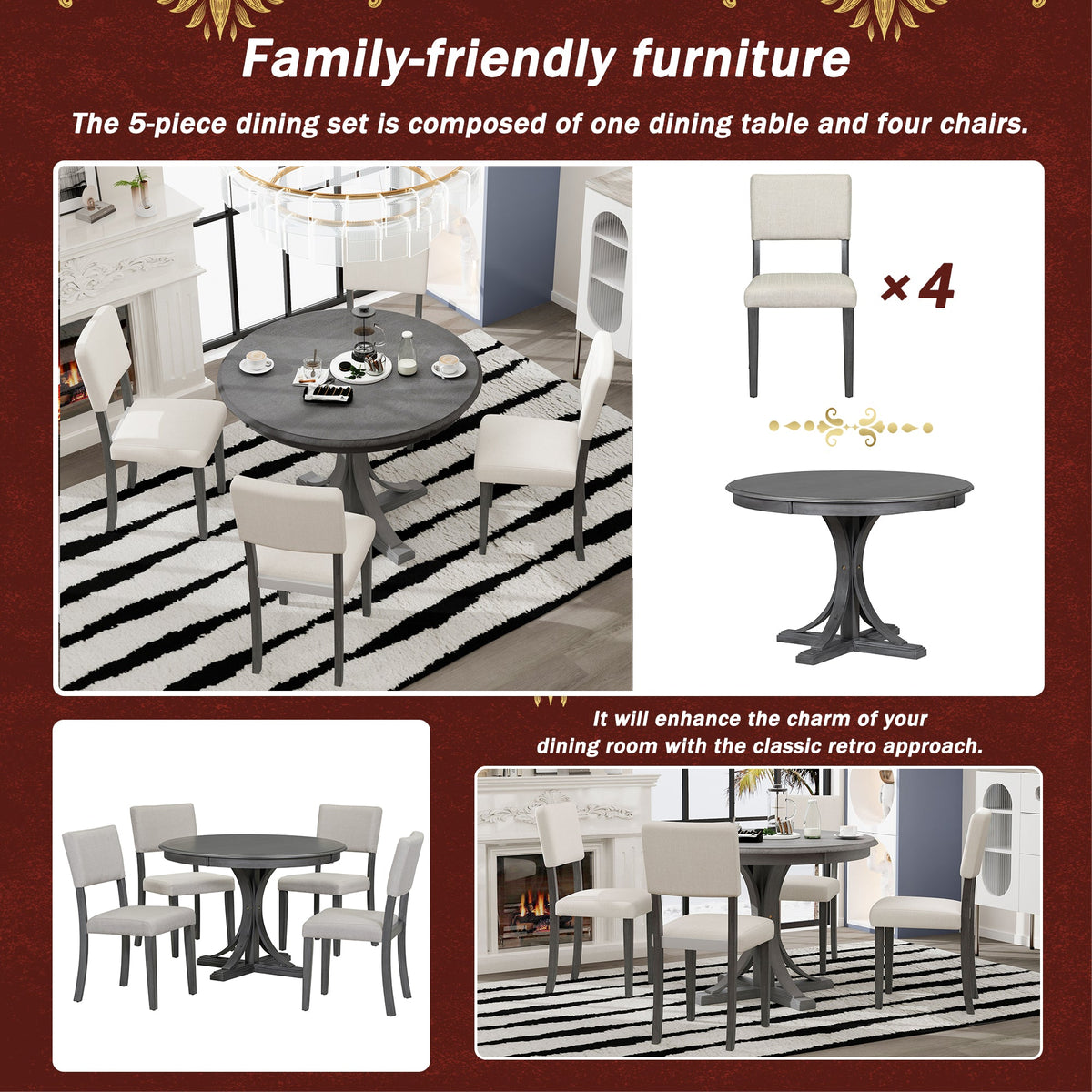 Round Dining Table Set with 4 Chairs, Dark Gray