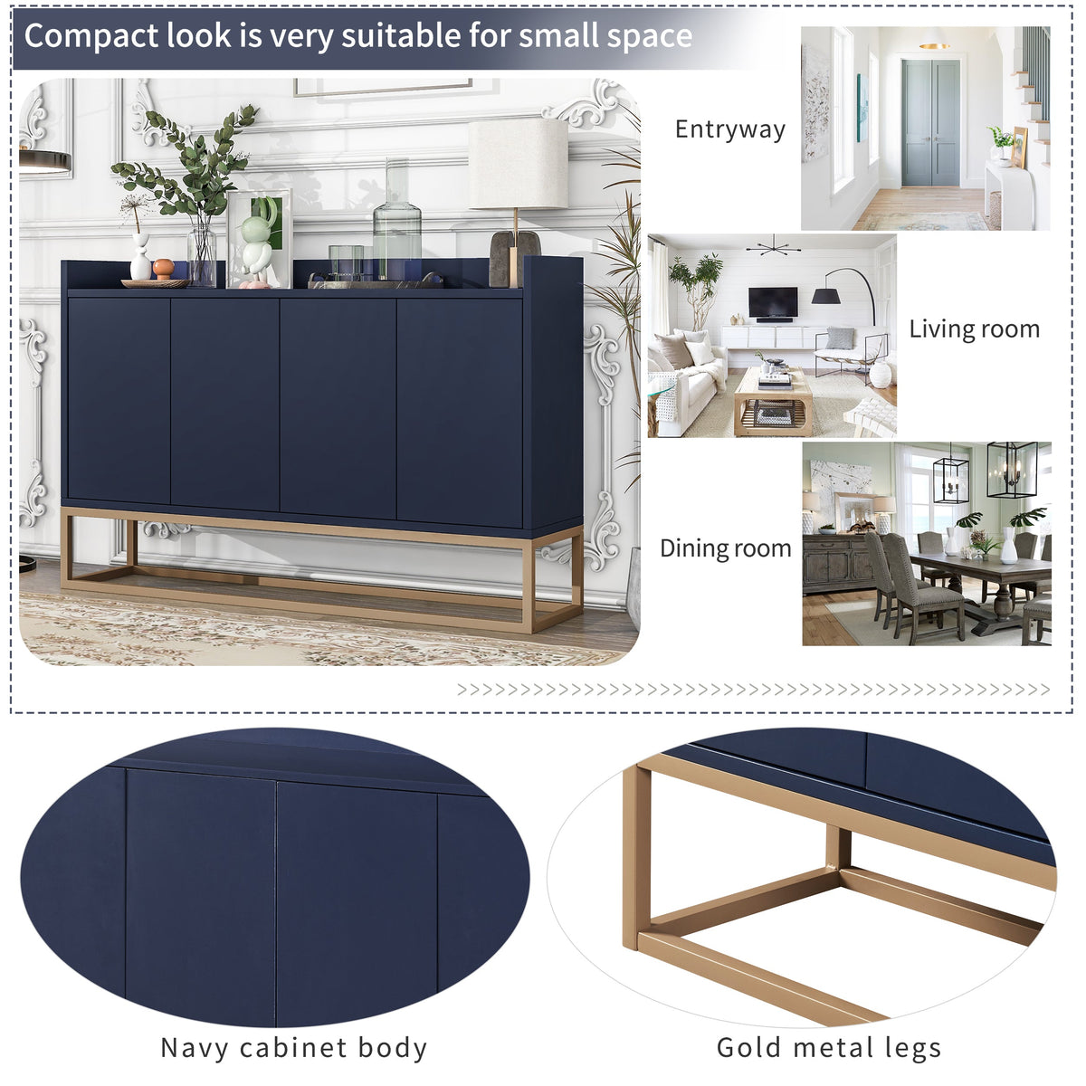 Navy Modern Sideboard Buffet Cabinet with Gold Base
