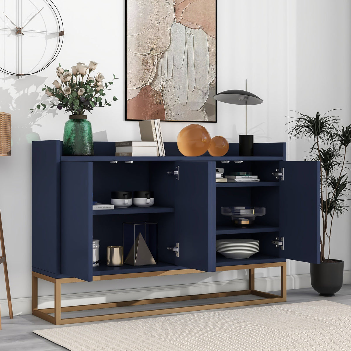 Navy Modern Sideboard Buffet Cabinet with Gold Base