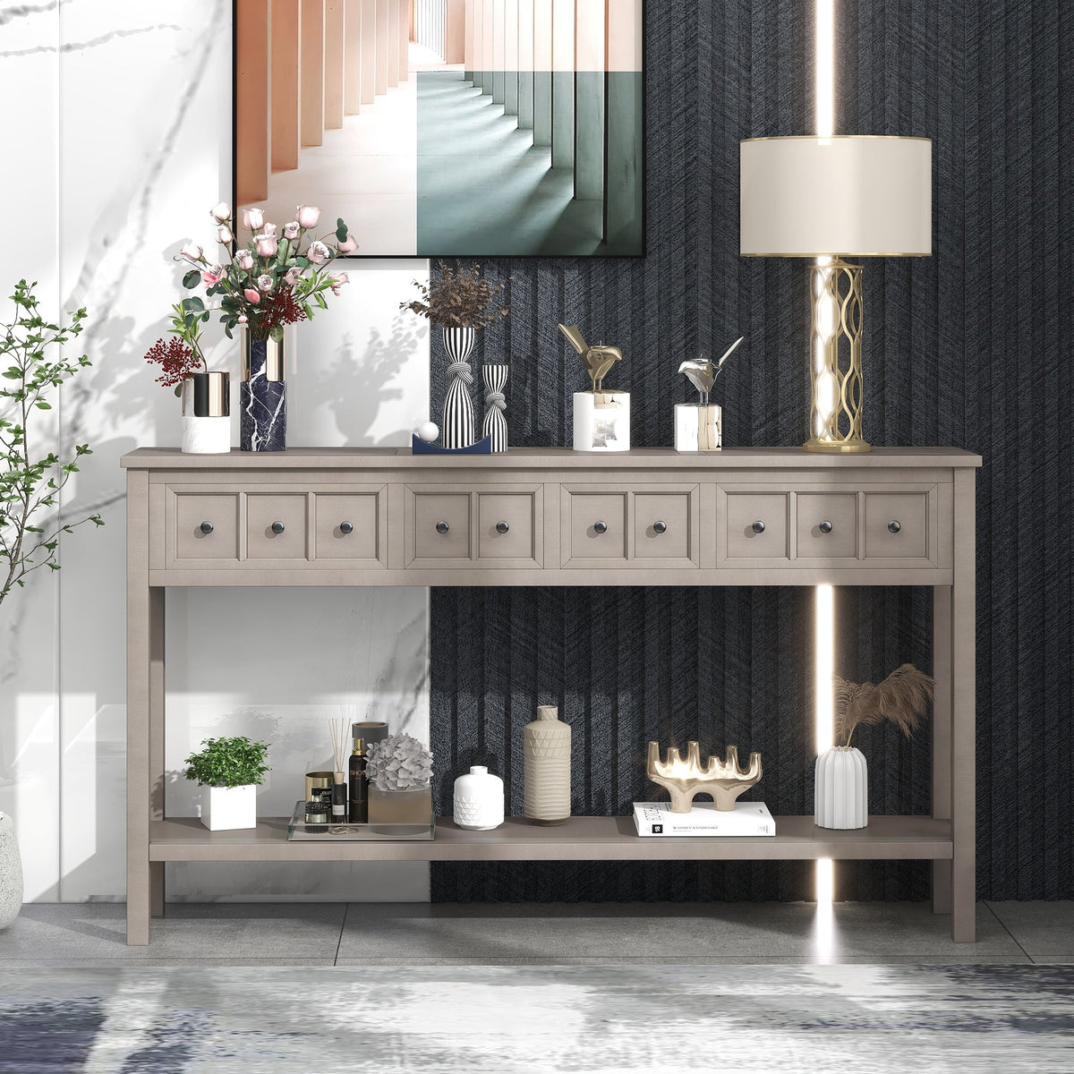 Rustic Entryway Console Table with Drawers and Shelf