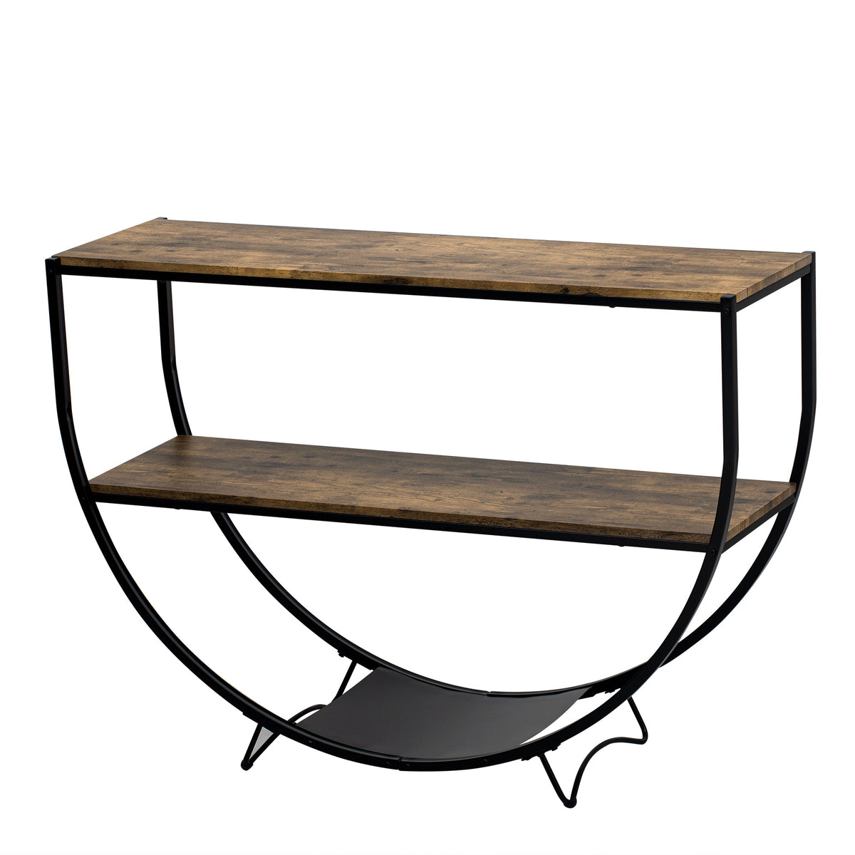 Demilune Console Table: Rustic Industrial Open Shelving