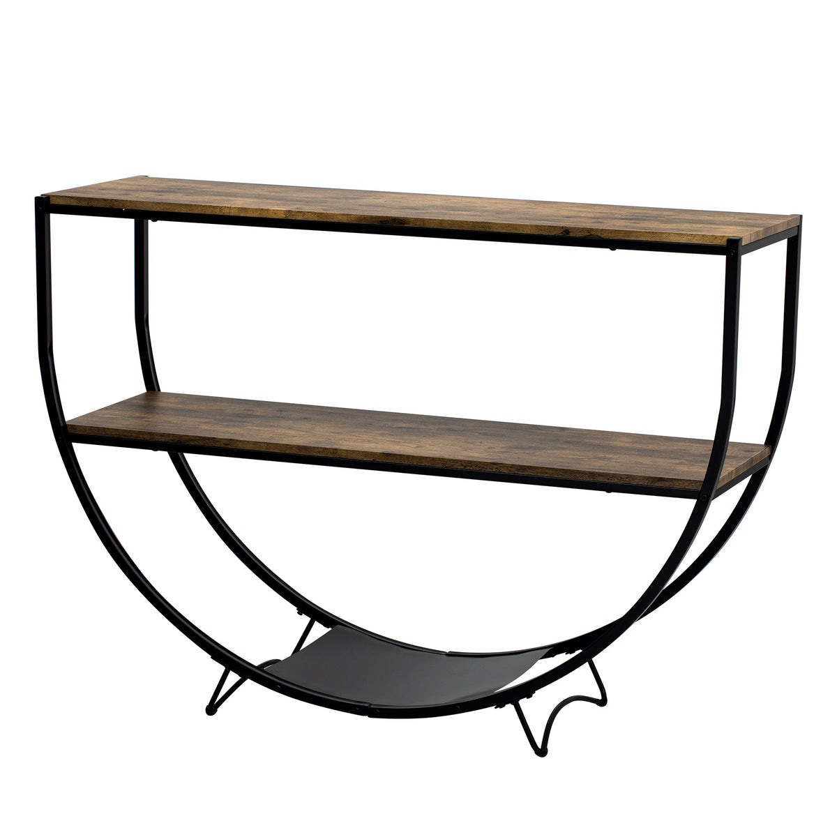 Demilune Console Table: Rustic Industrial Open Shelving