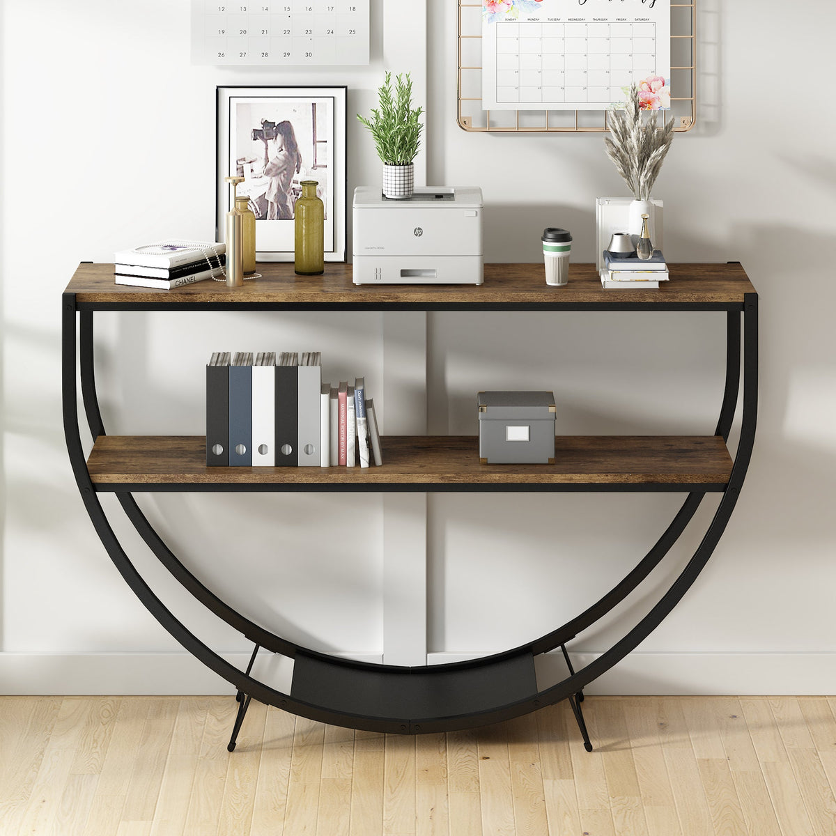 Demilune Console Table: Rustic Industrial Open Shelving