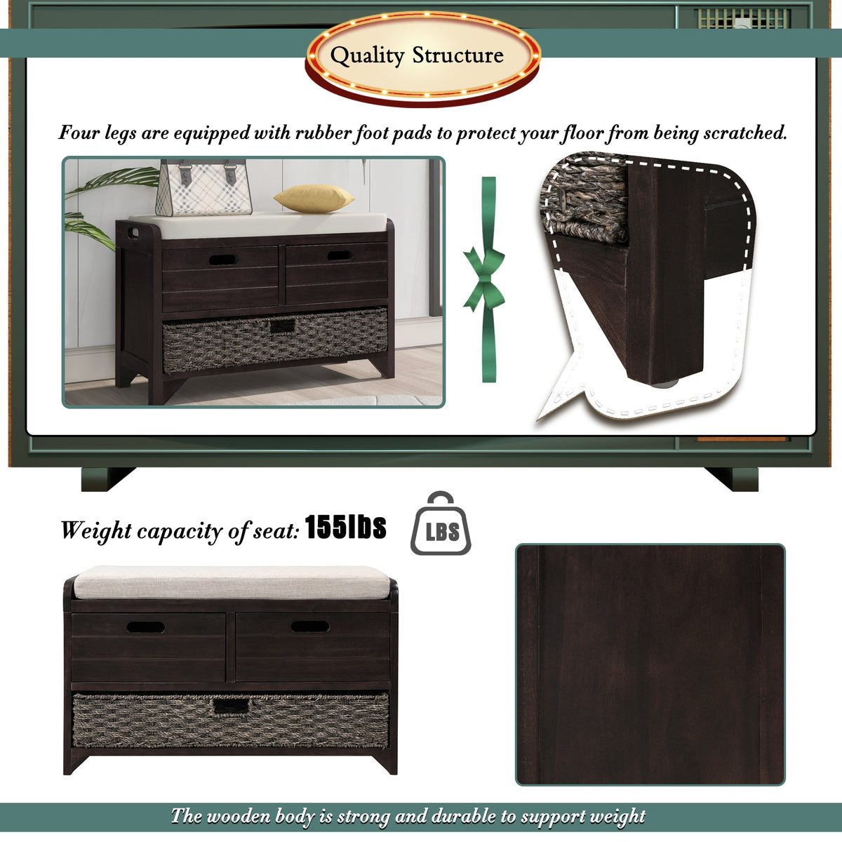 Entryway Storage Bench with Shoe Drawers and Basket