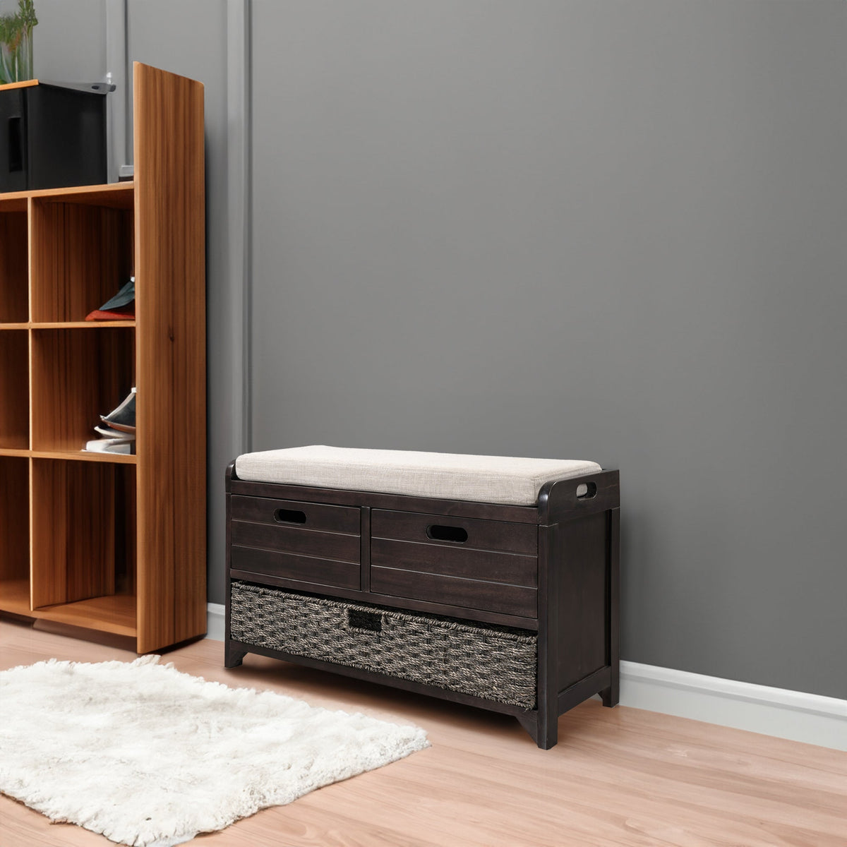 Entryway Storage Bench with Shoe Drawers and Basket