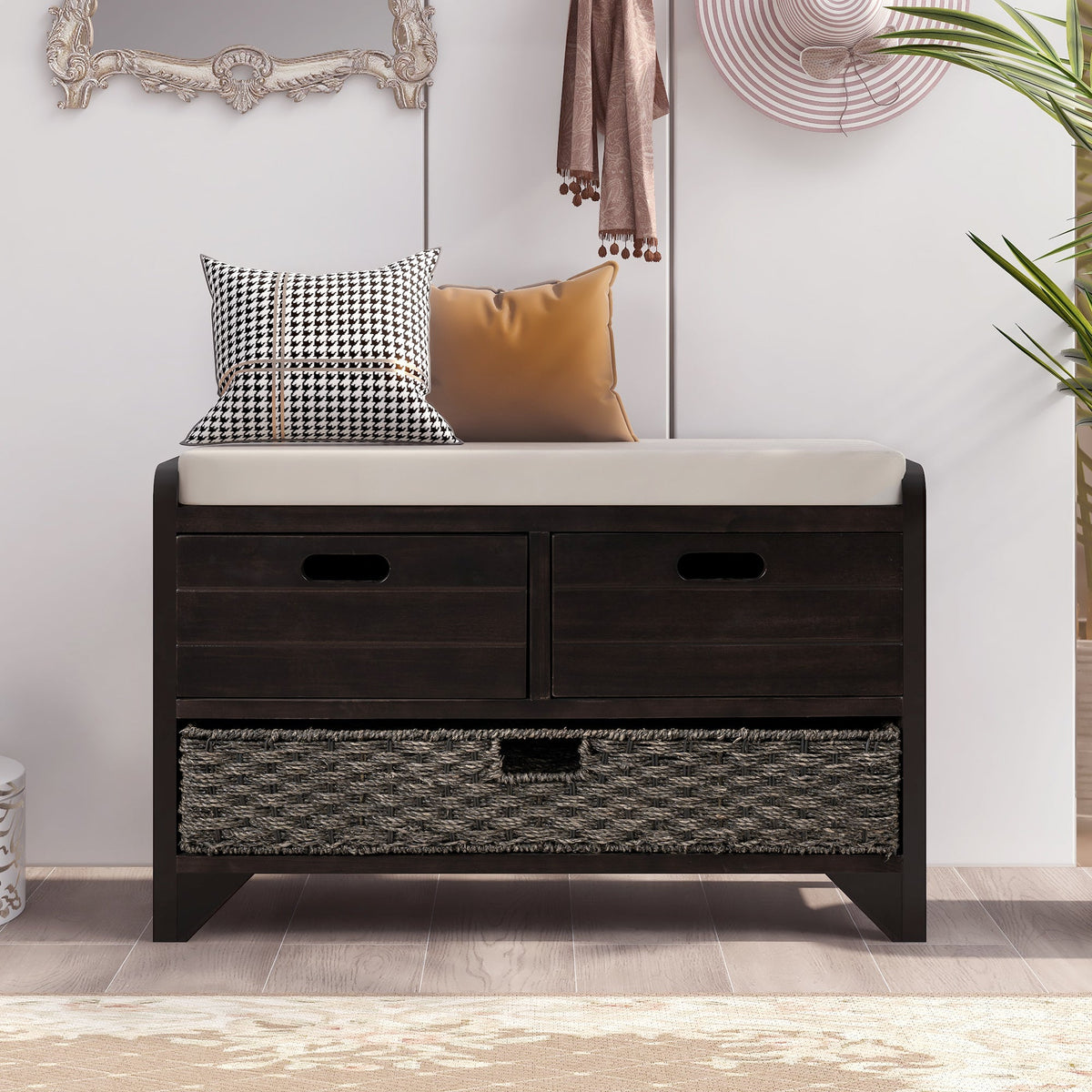 Entryway Storage Bench with Shoe Drawers and Basket