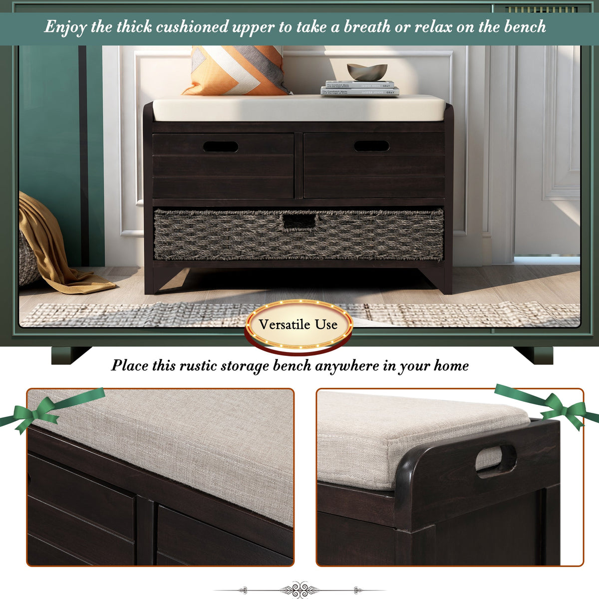 Entryway Storage Bench with Shoe Drawers and Basket