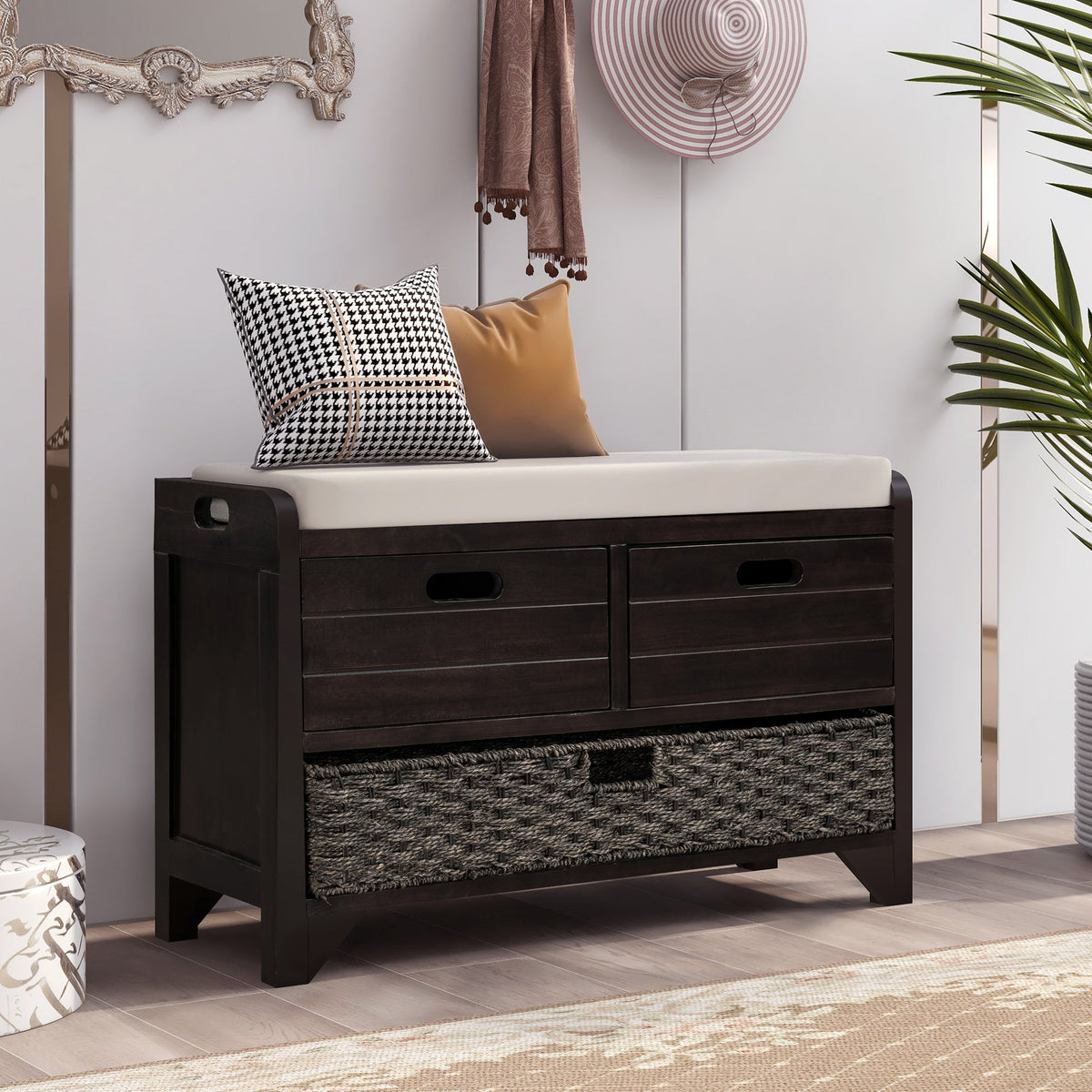 Entryway Storage Bench with Shoe Drawers and Basket