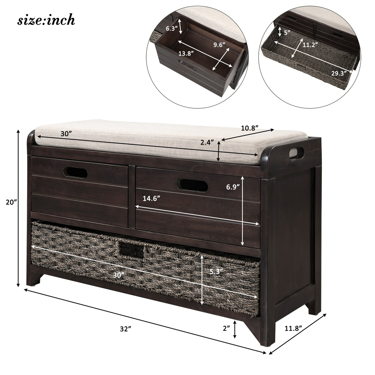 Entryway Storage Bench with Shoe Drawers and Basket