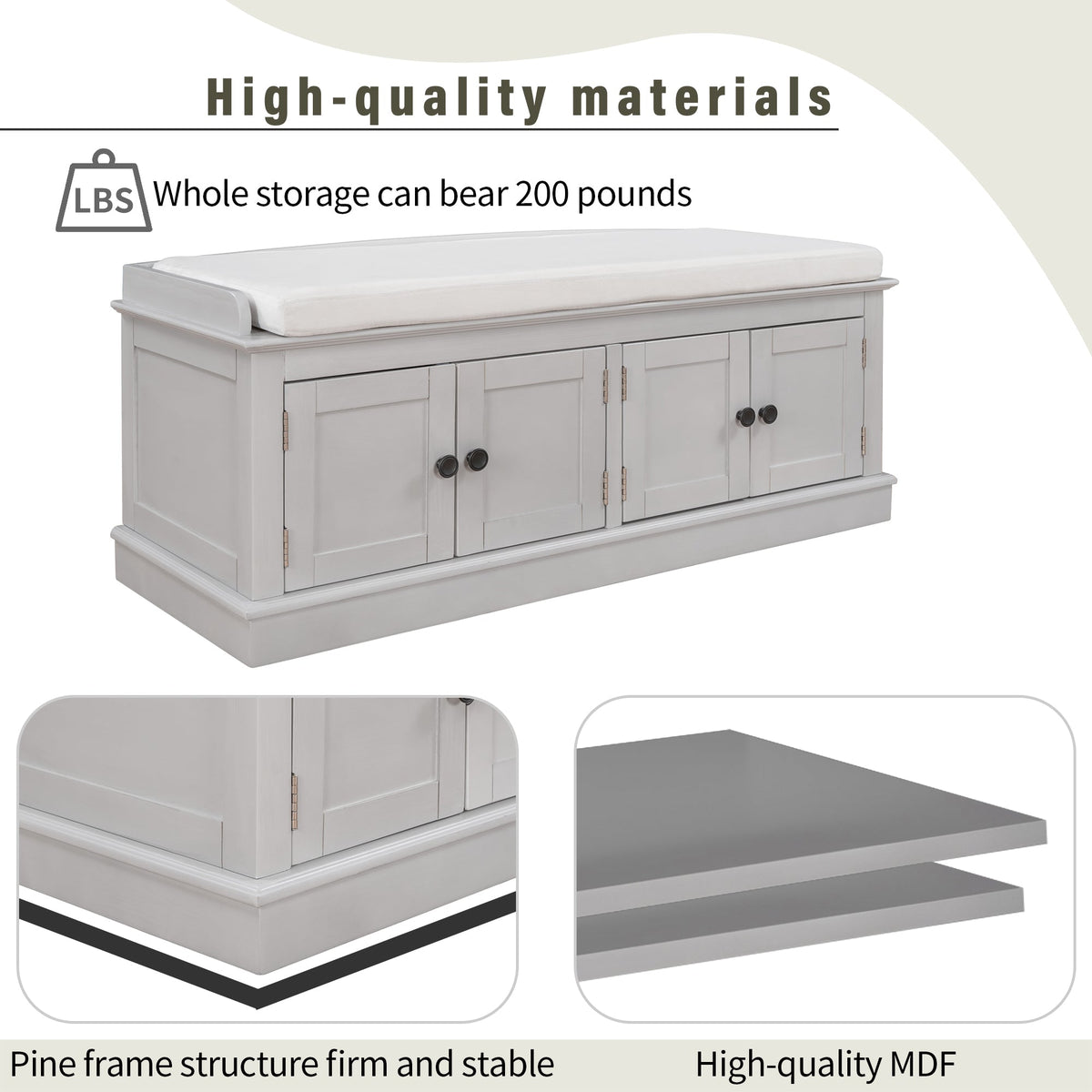 Entryway Storage Bench with Doors and Cushioned Seat