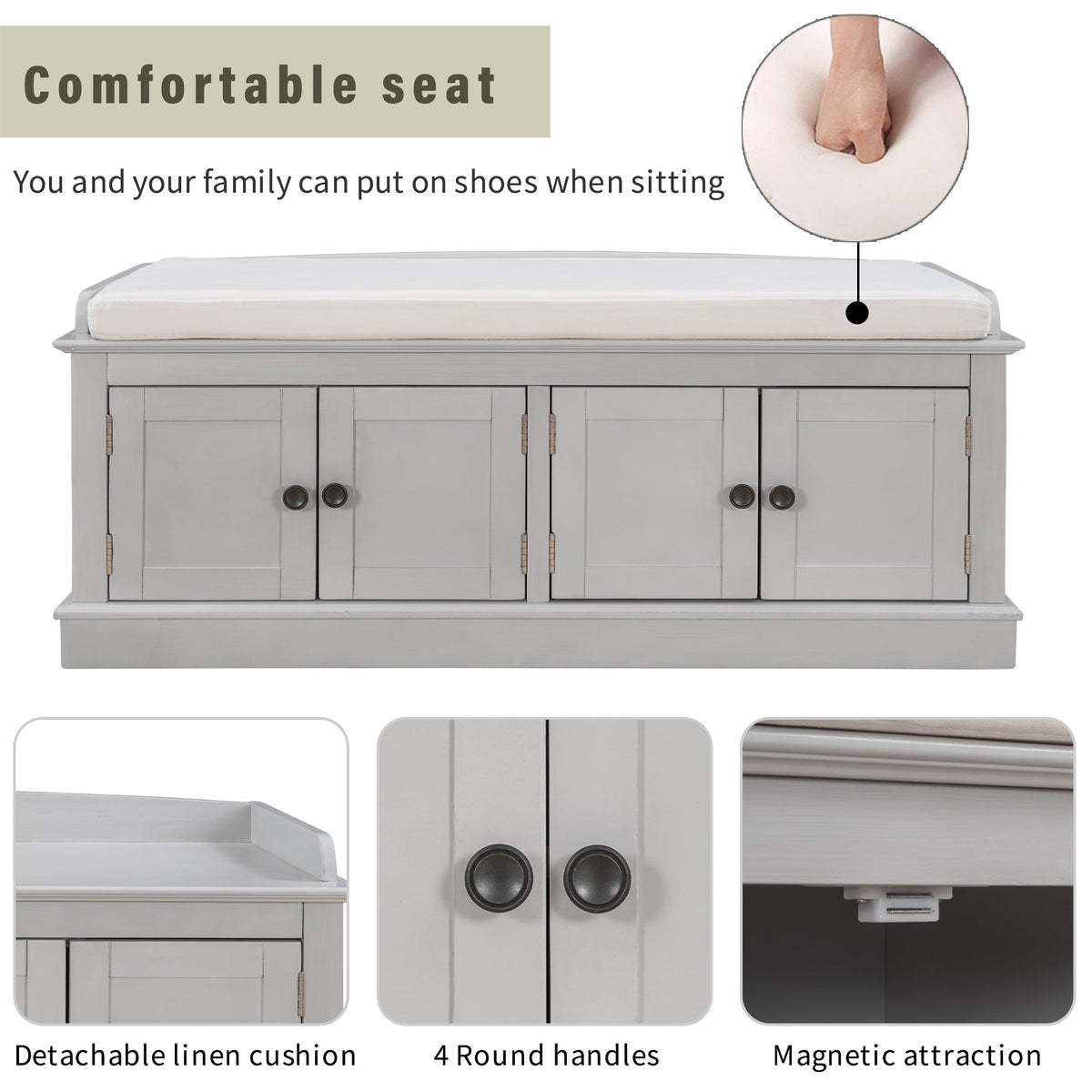 Entryway Storage Bench with Doors and Cushioned Seat