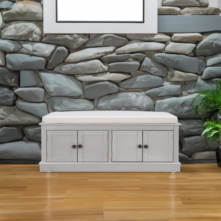 Entryway Storage Bench with Doors and Cushioned Seat